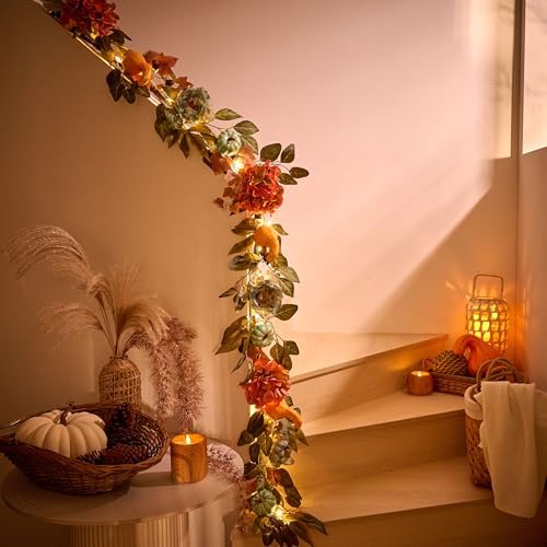 DecorbyHannah 6ft Fall Garland for Mantle with Lights & Pumpkin Hydrangea - Image 2