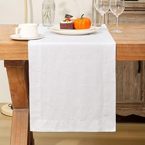 Linen Table Runner 14X132 Inches,100% French Linen White Tablerunner,Machine Washable Dining Table Runner for Fall,Wedding,Party,Halloween,Christmas(White) by LLinenWorld