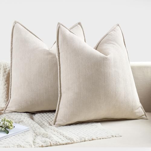 MIULEE Pack of 2 Cream Beige Euro Shams Chenille Pillow Covers 24x24 Inch - Image 6
