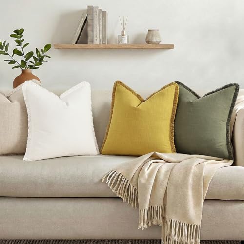 decorUhome Linen Fringe Mustard Yellow Throw Pillow Covers 20x20 Set of 2 - Image 6