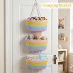 TeoKJ Over the Door Hanging Basket, 3-Tier Woven Cotton Wall-Mounted Storage Organizer Bag Decorative Hanging Nursery Baskets, Rainbow - Image 4