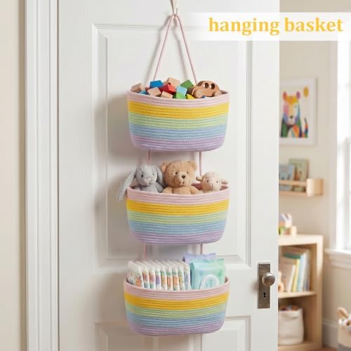 TeoKJ Over the Door Hanging Basket, 3-Tier Woven Cotton Wall-Mounted Storage Organizer Bag Decorative Hanging Nursery Baskets, Rainbow - Image 4