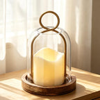 7.5" High Versatile Vintage Brass Metal Candle Holder with Handmade Sturdy Glass Dome and Natural Wooden Base for Pillar Candle & Plants, Industrial, Farmhouse, Shabby Chic, Display Cloche Bell Jars - Image 3