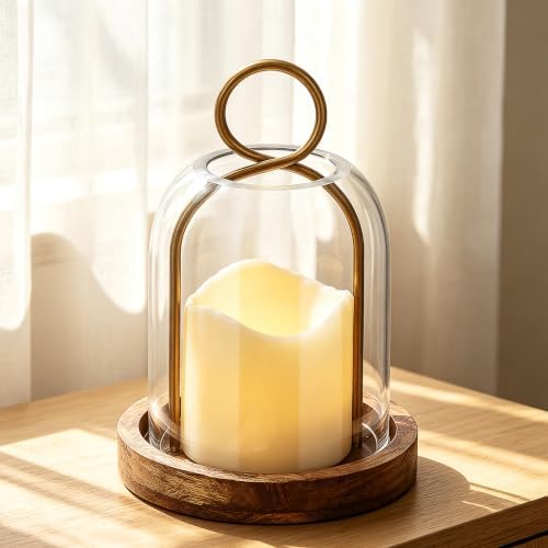 7.5" High Versatile Vintage Brass Metal Candle Holder with Handmade Sturdy Glass Dome and Natural Wooden Base for Pillar Candle & Plants, Industrial, Farmhouse, Shabby Chic, Display Cloche Bell Jars - Image 3