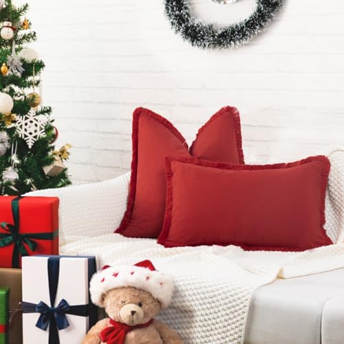 ZWJD Red Pillow Covers 22x22 Set of 2 Throw Pillows with Fringe, Chic Cotton Decorative Square Cushion Covers for Sofa, Couch, Bed, Living Room, Farmhouse, Boho Decor - Image 2