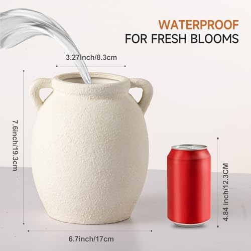 Dobbyby Ceramic Flower Vase 7.6 inch Farmhouse Rustic Vase Decorative Pottery Terracotta Vases for Home Decor Table Mantle Fireplace Living Room Bathroom Wedding Centerpiece (White-Upgraded) - Image 3