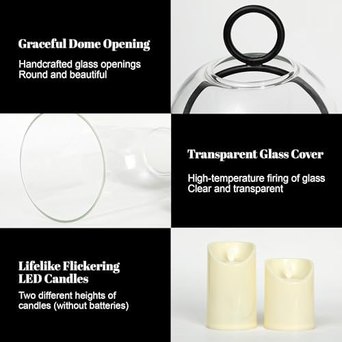Hurricane Candle Holders Set of 2-10" & 7.8" Black Metal Base with Glass Dome, Includes 2 Pillar Candles, Hanging or Tabletop Centerpiece (Batteries Not Included) - Image 6