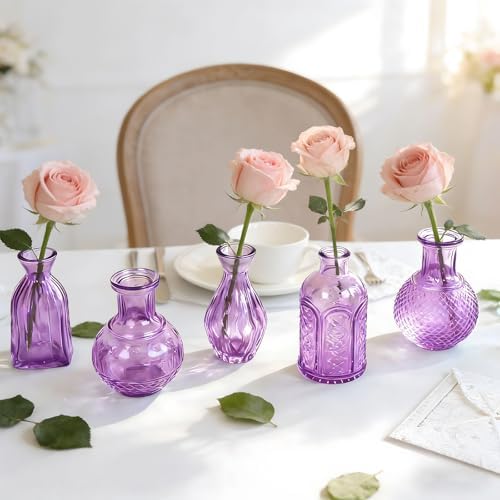 Violet Purple Glass Bud Vases in Bulk 24, Vintage Small Vases for Flowers, Table Centerpieces, Mini Flower Vase Bottle Decorative Vase Set for Wedding, Party, Baby Shower, Holiday, Home Decor - Image 5