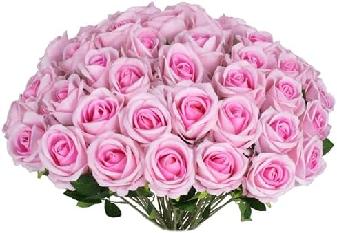 30 PCS Fake Pink Roses, Artificial Flowers Bulk, Realistic Silk Faux Roses by Jefuzh
