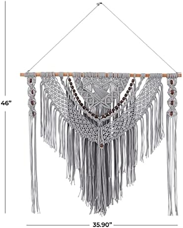 Deco 79 Cotton Macrame Wall Decor with Beaded Tassels, 36" x 1" x 46", Gray - Image 3