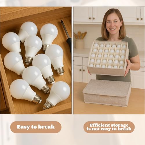 2 Pcs Light Bulb Organizer Storage Box Ornament Storage with 30 Dividers Foldable Bulbs Organizer with Lid Sturdy PP Board Fits Various Standard Dustproof Fabric Case for Home Vbs (Beige) - Image 6