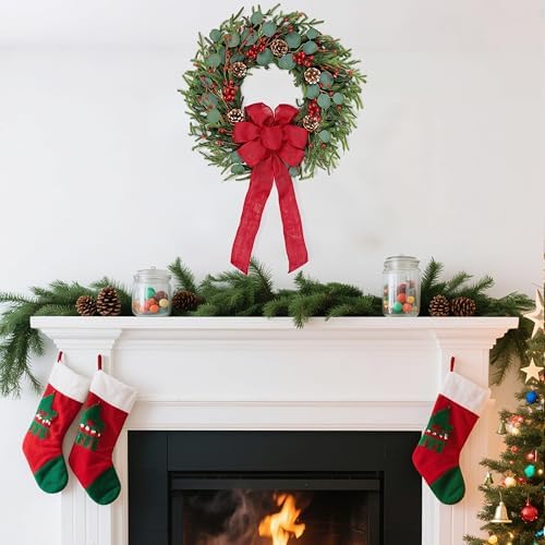zjlmit Artificial Christmas Wreath 24Inch Christmas Wreaths for Front Door Norfolk Pine Wreath with Eucalyptus Leaves Red Berries Pine Cones Red Bow for Wall Indoor Outdoor Winter Xmas Decoration - Image 3