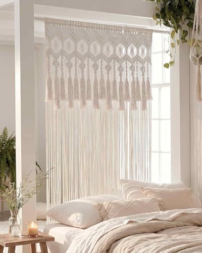 BECHAEO Boho Handmade Macrame Curtain with Tassels, 1PC 39" x 79" White A - Image 3