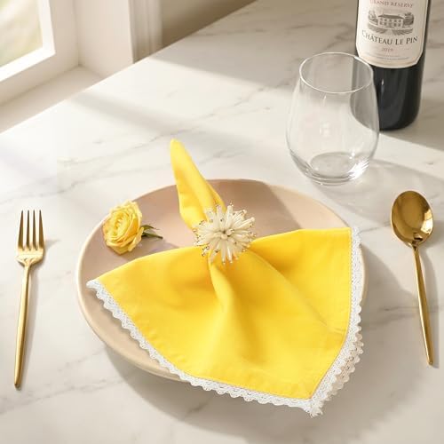 FINGERCRAFT Lace Cloth Napkins, Cotton Linen, 12 Pack, 20x20 Inch, Yellow - Image 2
