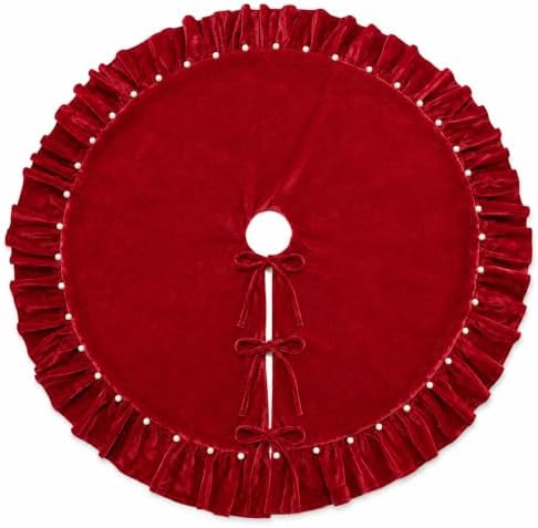Red Velvet Christmas Tree Skirt with Ruffled Edge&Pearl,60" - Image 5