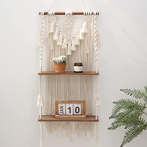 2-Tier Macrame Wall Hanging Shelf & Boho Decor, Wooden Floating Shelves by ANROYE