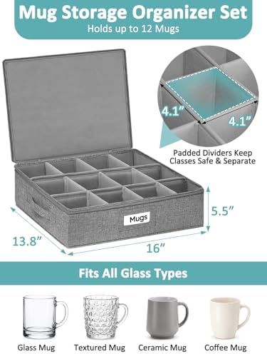 Cirhy Hard Shell Mug Storage Organizer with Padded Dividers, 2-Pack, Grey - Image 2