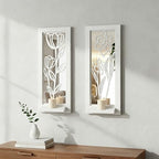 ZEXUIRU 2 Set Rustic Candle Sconces Living Room Bedroom Entryway Wood Mirrored, Farmhouse, Carved Frame Wall-Mount Wooden Candle Holders Wall Decor Hanging Handmade Holder - Distressed White - Image 3