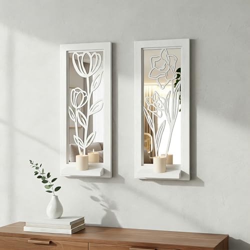 ZEXUIRU 2 Set Rustic Candle Sconces Living Room Bedroom Entryway Wood Mirrored, Farmhouse, Carved Frame Wall-Mount Wooden Candle Holders Wall Decor Hanging Handmade Holder - Distressed White - Image 3
