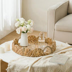 Round Wicker Scalloped Serving Tray with Handles - Seagrass Handwoven Trays,Water Hyacinth Tray for Home Decor and Living Room, Dining Table, Bathroom Organizing, 16.9" L x 16.9" W x 3.5" H - Image 4