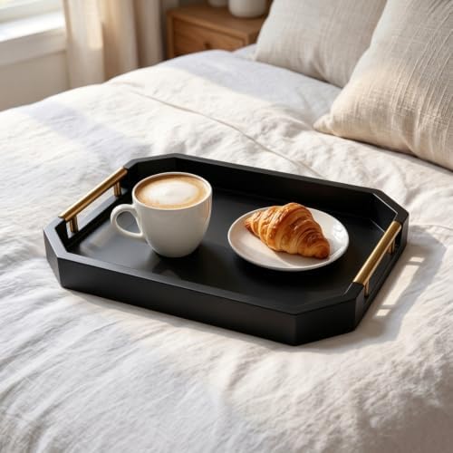 Decorative Wood Serving Tray with Polished Gold Handles, Octagon MDF Tray, Glossy Finish, 16x12 Inch, for Coffee Table, Ottoman (Black) - Image 4