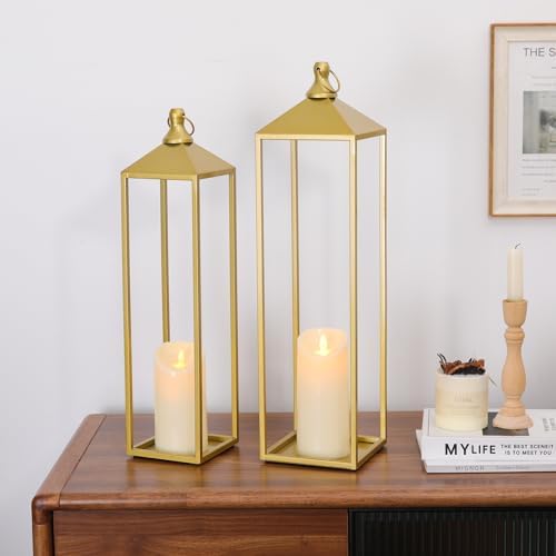 22'' 19'' Large Lanterns Decorative Outdoor Indoor, Set of 2 Gold Lantern - Image 4