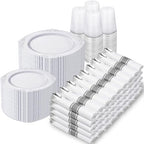 Nervure 700Pcs Silver Plastic Plates, Plastic Dinnerware Set for 100 Guests by Nervure