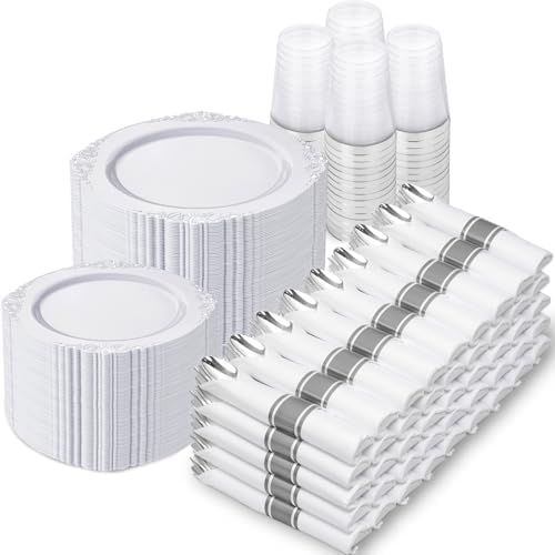 Nervure 700Pcs Silver Plastic Plates, Plastic Dinnerware Set for 100 Guests by Nervure