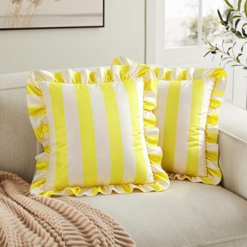vctops Ruffle Square Throw Pillow Covers Boho Pink and Red Striped Decorative Pillowcases Set of 2, Soft Velvet Accent Cushion Cover Cases for Sofa Bed Living Room Decor (Yellow Beige,18"x18") - Image 2