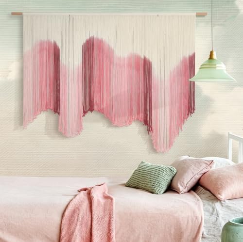 Macrame Wall Hanging Large Pink Dip Dye Boho Home Fiber Wall Art 57"W*39"L by IOWER