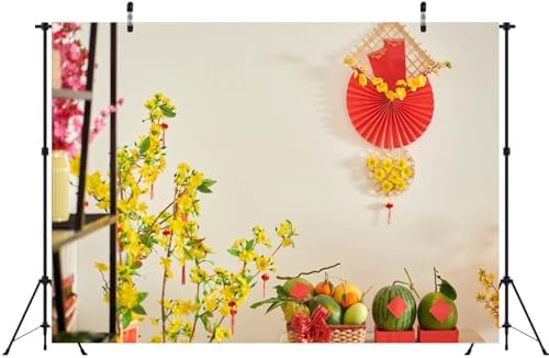 BELECO 15x8ft Fabric Vietnamese New Year Backdrop TET Decorations Fresh Fruits Yellow Blooming Flowers Red Paper Fan Background Asian Lunar New Year Party Decorations Photoshoot Props - Image 4