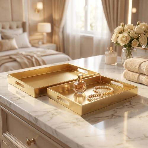 Gold Decorative Serving Tray Set with Handles, Large 15.7" & Medium 13.8", Modern Plastic Design for Coffee Table, Ottoman and Home Decor (2 Pcs) - Image 2
