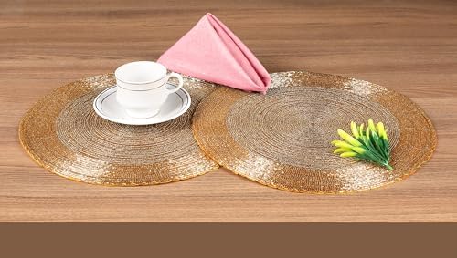 Lightnpro Handmade Beaded Placemats Set of 4 – 13 Inch Round Gold Charger Mats | Handcrafted Artisan Table Accessories, Elegant Farmhouse Dining Table Décor for Weddings, Holidays & Celebrations - Image 2