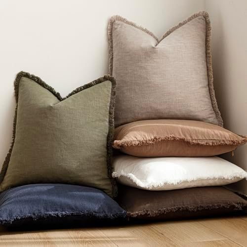Foindtower Decorative Linen Fringe Throw Pillow Covers 24×24 Natural Linen - Image 6