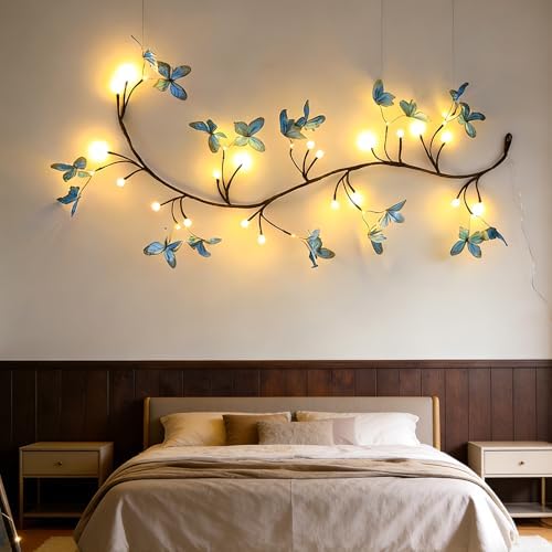 Blue Butterfly LED Tree Branch Lights for Wall, Butterfly Vine Lights for Bedroom with 144 LED Flower String Lights and USB Powered,8Lighting Modes for Indoor Window Wedding Decor (91in) by Garayma