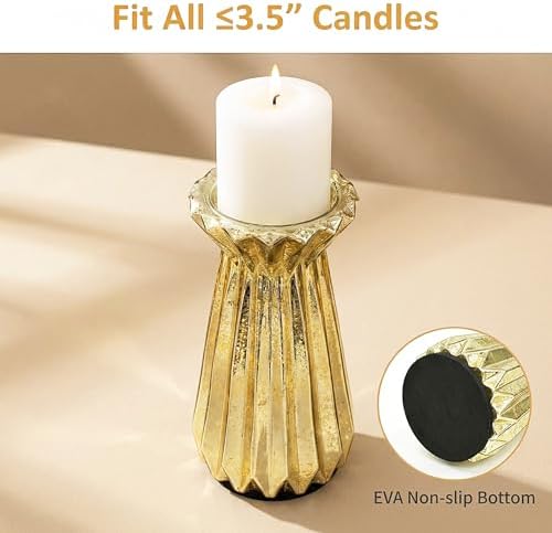 Home Decor, Mercury Glass Pillar Candle Pedestal Holders with 10 Led Lights, Lighted up Candle Holder for Pillar Candle, Candlestick Holders with Timer for Wedding Home Dining Table Xmas (Gold) - Image 4