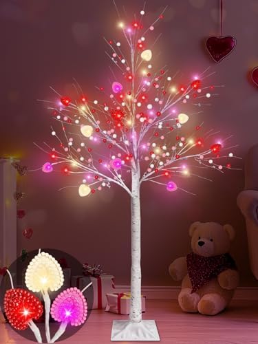Valentines Day Decor, 4 FT Prelit Lighted Valentines Tree with 3D Hearts&Berries Ornaments 48 Led Red Pink Lights, Outdoor Waterproof Artificial Birches Tree for Valentines Day Decorations Indoor Home by TURNMEON