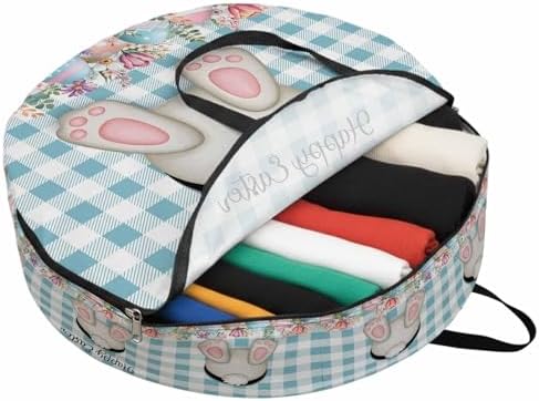 36 Inch Round Storage Bag 1 Pack,Easter Day Bunny Tail Blue Check Waterproof Wreath Storage Container with Handles&Zipper Spring Cute Rabbit White Grid Closet Organizer Bags Garland Box - Image 2