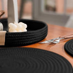 9-Piece Round Cotton Rope Placemats, Coasters & Holder, Black - Image 3