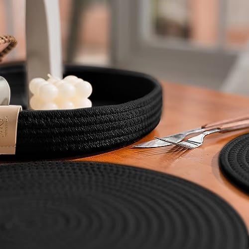 9-Piece Round Cotton Rope Placemats, Coasters & Holder, Black - Image 3