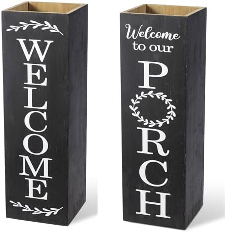 Glitzhome Set of 2 Wooden Welcome Porch Sign, Natural Double Sided Box-shaped Porch Sign for Front Porch Decor, Black, 24"H by Glitzhome