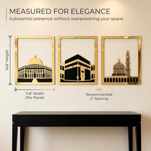 iwa concept Masjid Al Aqsa, Kaaba & Masjid An-Nabawi Islamic Wall Art, Wooden Blessed Places Islamic Wall Decor, Gift for Muslims at Ramadan Eid (Small, Gold | All Three) - Image 2