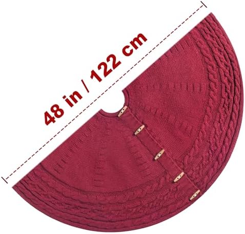 48-Inch Cable Sweater Knit Christmas Tree Skirt with Wooden Toggles, Burgundy - Image 3