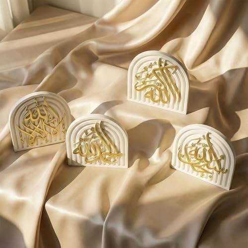 Set of 4 Islamic Table Decor – Gold Edition Arabic Calligraphy for Home or Office – Unique Islamic Art Piece, Perfect for Eid, Ramadan, or Daily Inspiration – White Stone Powder Statue - Image 3