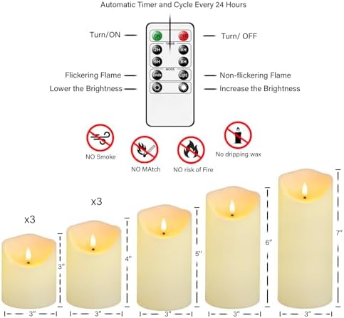 Eebuss Flameless Candles with Remote Timer, Battery Operated Realistic Flickering LED Candles, 9 Packs Fake Candles for Home Decor (D3 x H 3" 4" 5" 6" 7") (Ivory) - Image 5