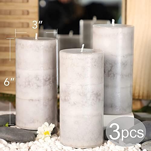 3x6 inch Pillar Candles Cozy Cotton Scented Set of 3 Gray White Layered Mottled Aromatherapy Candles for Weddings Home Wall Shelf Decorations Yoga Spa Dinner Table - Image 5
