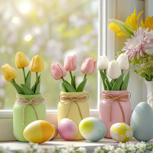 Lyrow 6 Pack Summer Centerpieces for Tables Mason Jar Flower Arrangements Artificial Tulips Farmhouse Table Decor for Home Kitchen Bedroom Outdoor Party Wedding Tiered Tray Decorations - Image 6