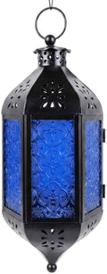 Vela Lanterns Hanging Moroccan Lantern with LED Twinkle Fairy Lights - Exotic Decorative Patio & Porch Decor, Indoor Outdoor Candle Lamp Holder with Chain (13" Large, Cobalt Blue Glass) by VelaCandleLanterns
