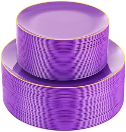 PULOTE 100PCS Purple Plastic Plates - Purple and Gold Disposable Include 50 Each (10.25 Inch Dinner & 7.5 Inch Dessert) Plates, Ideal for Party by PULOTEpartywareWesupplyproductsandyouenjoylife