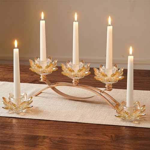 Crystal Lotus Taper Candle Holders, 3 Arms Metal Crystal Candlesticks, Decorative Flower-Shaped Candle Holders for Dining Table Centerpiece, Wedding, Home & Holiday Decor (Gold, Set of 3) by KOLNLALA